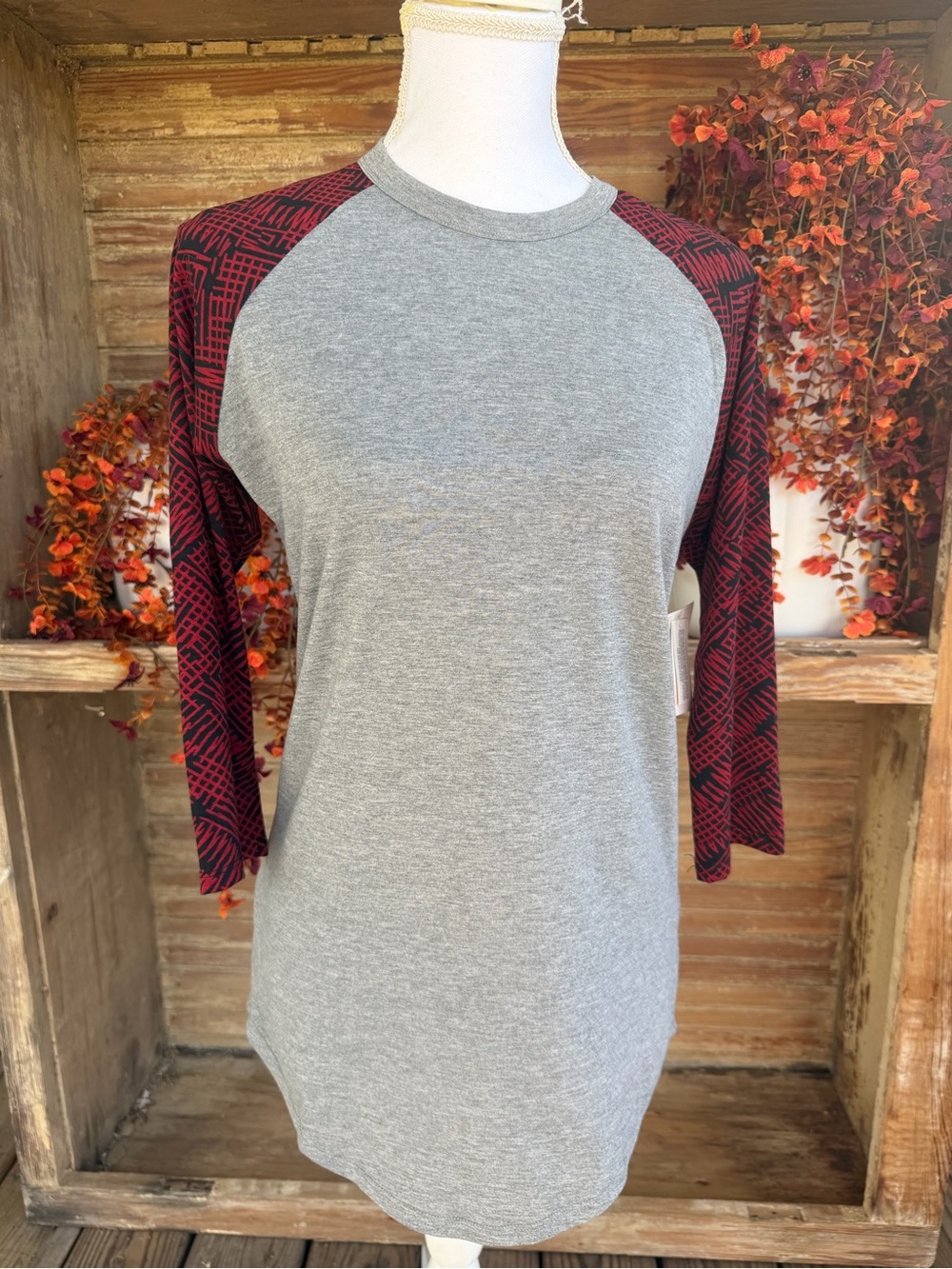 Women's Grey & Burgundy Raglan Sleeve Top Lularoe Randy